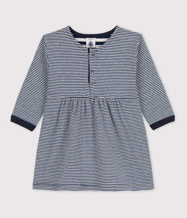 Vestido de manga larga milrayas de t&uacute;bico de beb&eacute; azul/beige