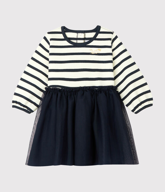 Vestido de manga larga y dos materiales de bebé niña beige COQUILLE/azul SMOKING