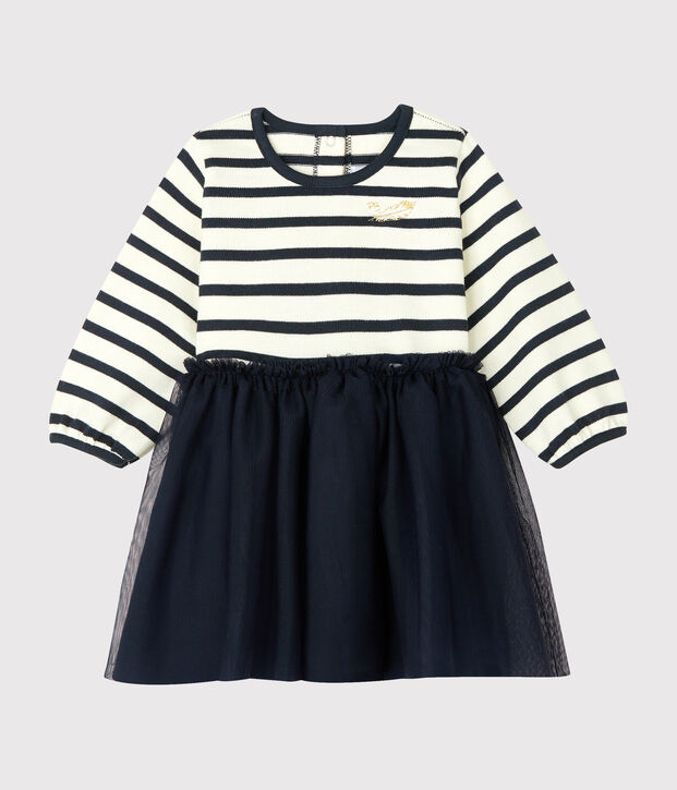 Vestido de manga larga y dos materiales de beb&eacute; ni&ntilde;a blanco/azul
