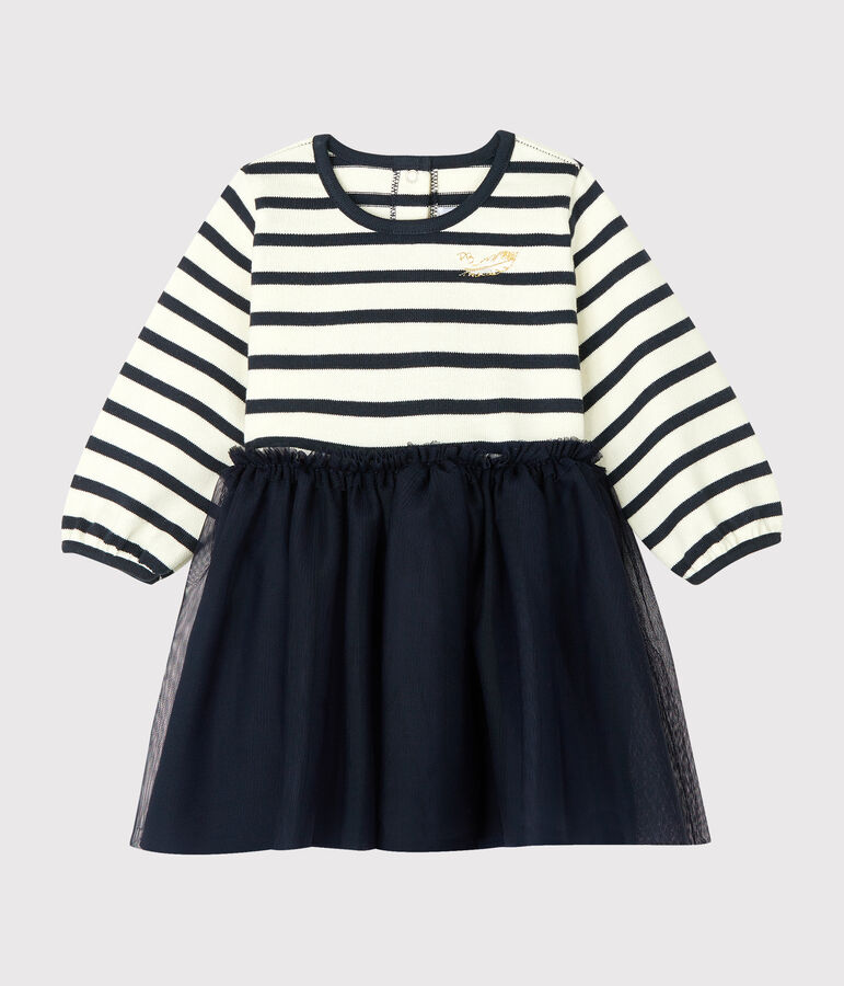 Vestido de manga larga y dos materiales de beb&eacute; ni&ntilde;a beige COQUILLE/azul SMOKING