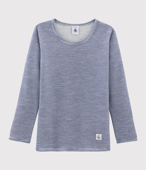 Camiseta de manga larga milrayas de niña/niño de lana y algodón azul MEDIEVAL/blanco MARSHMALLOW