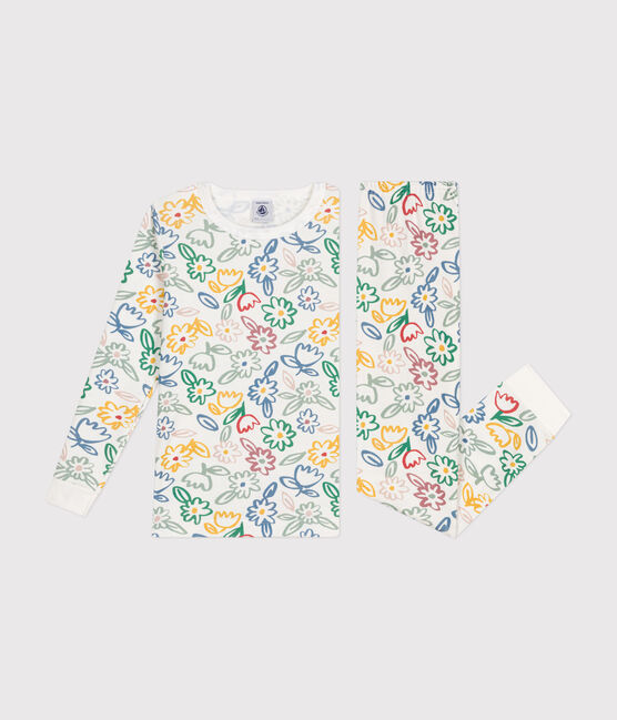 Pijama infantil ajustado de algodón con estampado de flores blanco MARSHMALLOW/blanco MULTICO