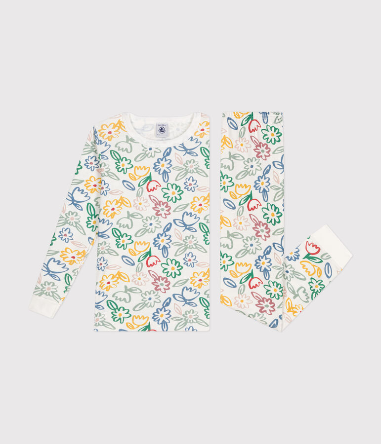 Pijama infantil ajustado de algod&oacute;n con estampado de flores blanco/multicolor