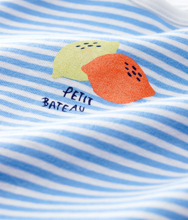 Pijama enterizo de fruta con rayas azules de beb&eacute; de algod&oacute;n azul/blanco