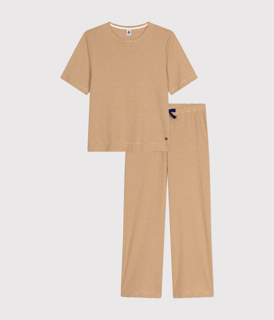 Pijama de algodón a rayas para mujer marron CUIVRE/ MARSHMALLOW