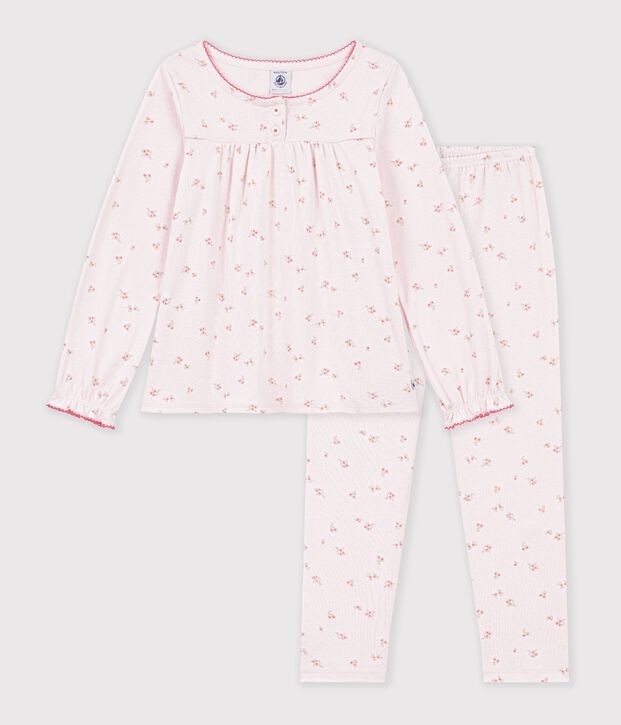 Pijama infantil de algod&oacute;n con frunces y flores rosa/multicolor