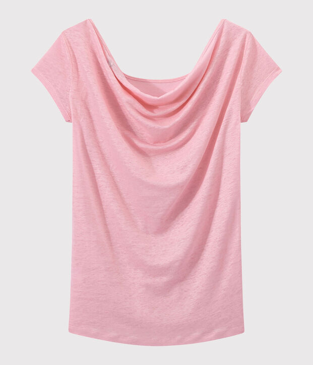 Camiseta de lino con cuello redondo rosa/gris
