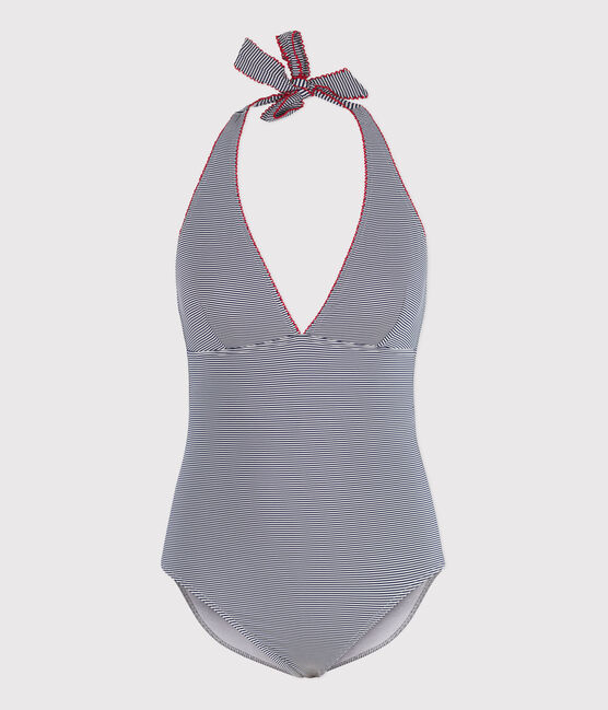 Bañador de una pieza a rayas para mujer azul MEDIEVAL/blanco MARSHMALLOW