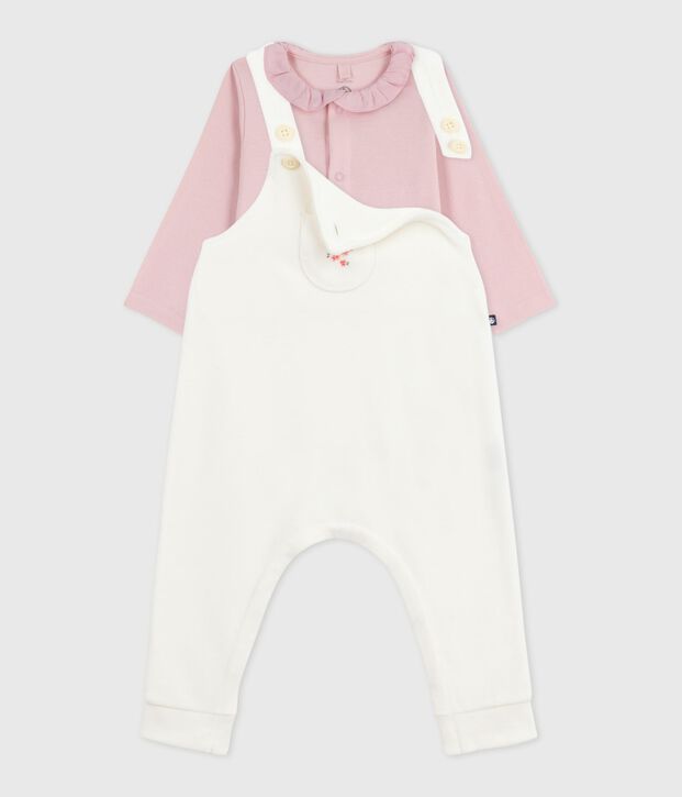 Conjunto de peto de algod&oacute;n liso con detalles refinados para beb&eacute; crudo/rosa
