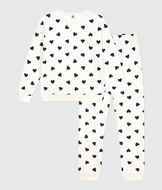 Pijama de rizo de algod&oacute;n con estampado de corazones para mujer azul/azul