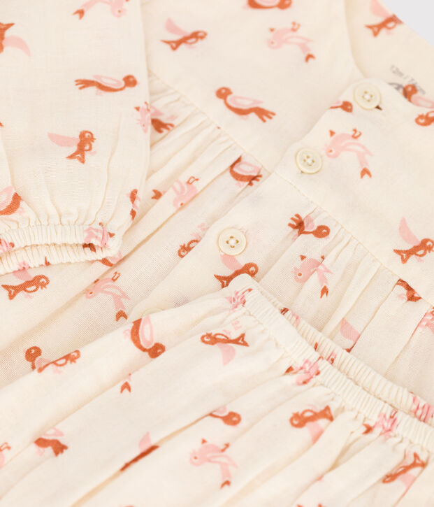 Vestido y ranita de beb&eacute; con estampado de p&aacute;jaros de gasa de algod&oacute;n crudo/multicolor