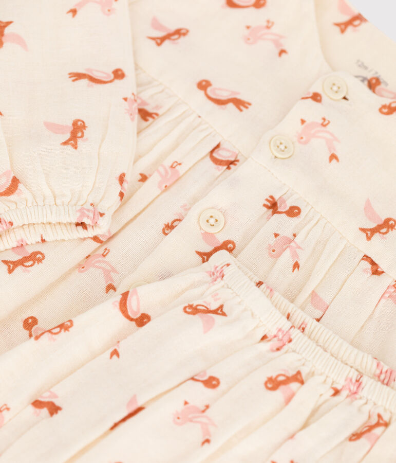 Vestido y ranita de beb&eacute; con estampado de p&aacute;jaros de gasa de algod&oacute;n crudo/multicolor