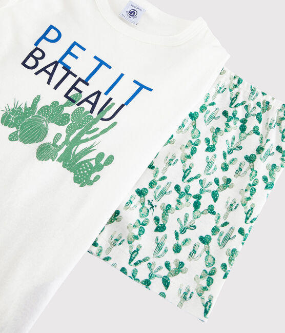 Pijama corto de cactus de algodón y lino de niño blanco MARSHMALLOW/blanco MULTICO