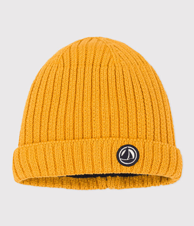 Gorro de punto tricotado con forro polar para beb&eacute; amarillo