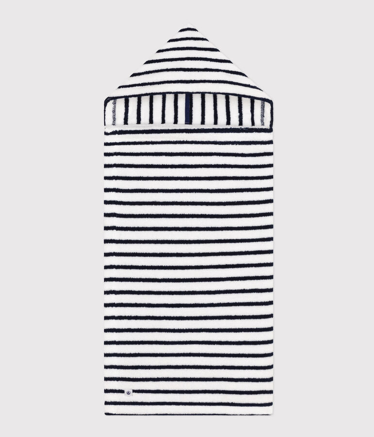 Capa de ba&ntilde;o a rayas de rizo de beb&eacute; blanco LAIT/azul MEDIEVAL