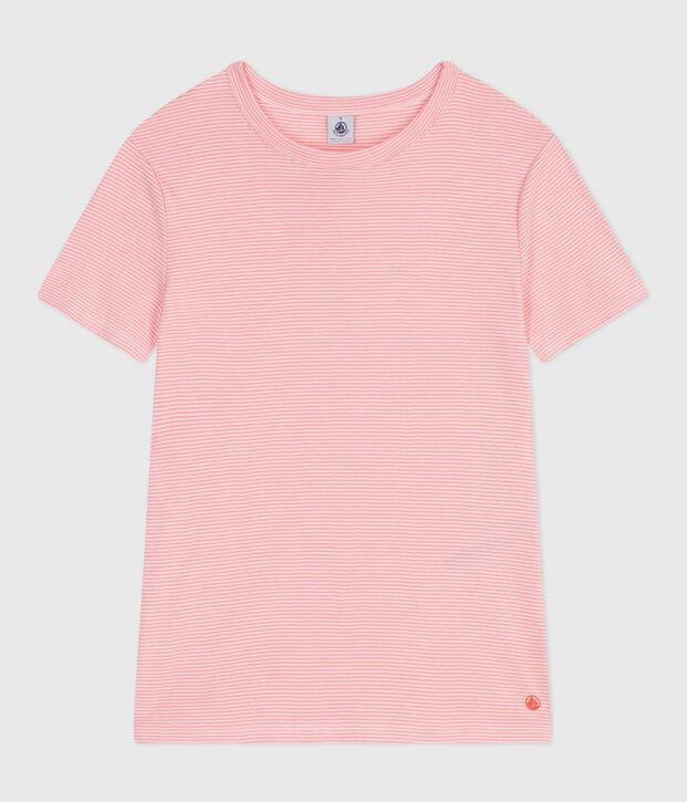 Camiseta de algod&oacute;n de manga corta a rayas para mujer rosa/blanco
