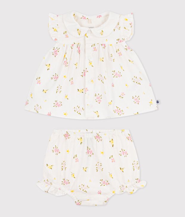 Conjunto de 2 piezas de algod&oacute;n con blusa y pololo estampados de flores para beb&eacute; blanco/multicolor