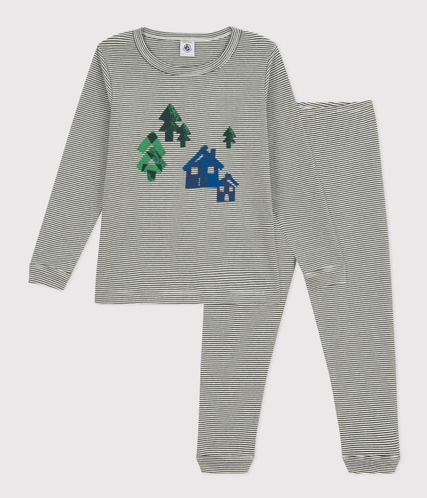 Pijama de algod&oacute;n a rayas para ni&ntilde;o/ni&ntilde;a verde/blanco