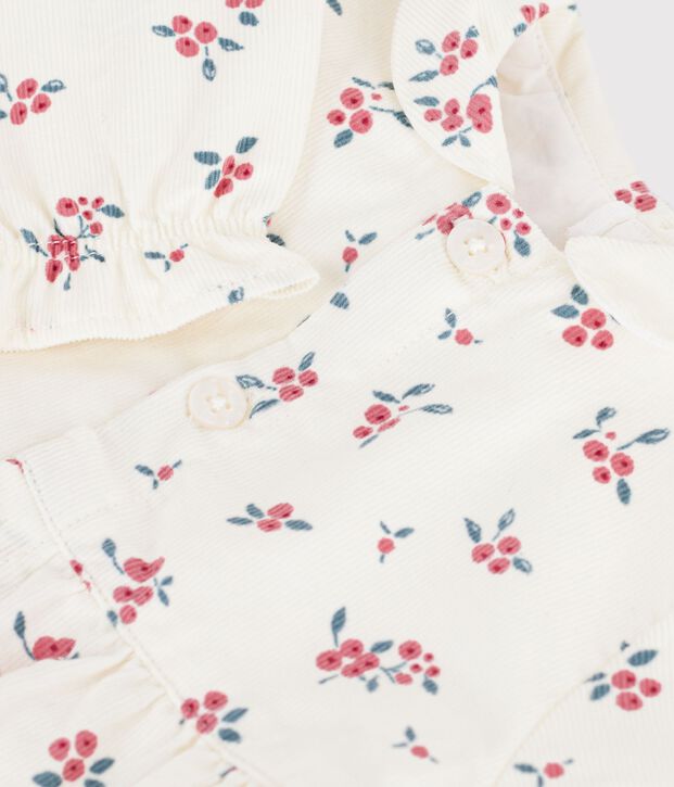 Pelele corto para beb&eacute; de terciopelo fino, con cuello estampado de ar&aacute;ndanos. crudo/multicolor