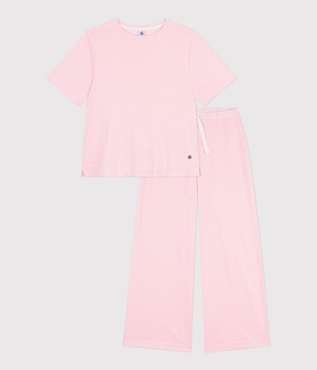 Pijama de algod&oacute;n a rayas de pernera ancha para mujer rosa/blanco
