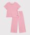 Pijama infantil de algod&oacute;n con pernera ancha y rayas rosa/blanco