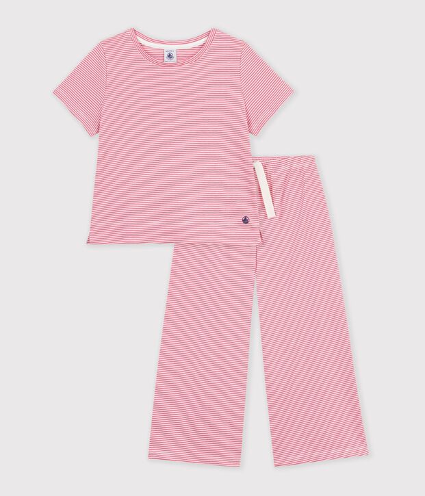 Pijama infantil de algod&oacute;n con pernera ancha y rayas rosa/blanco