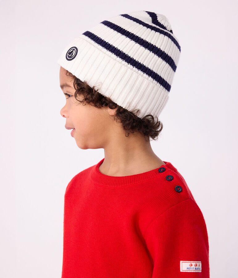 Gorro infantil de punto tricotado a rayas con forro polar azul/azul