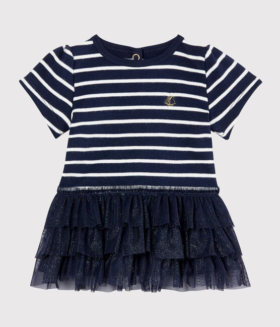 Vestido de rayas marineras con tul para bebé niña azul SMOKING/beige COQUILLE