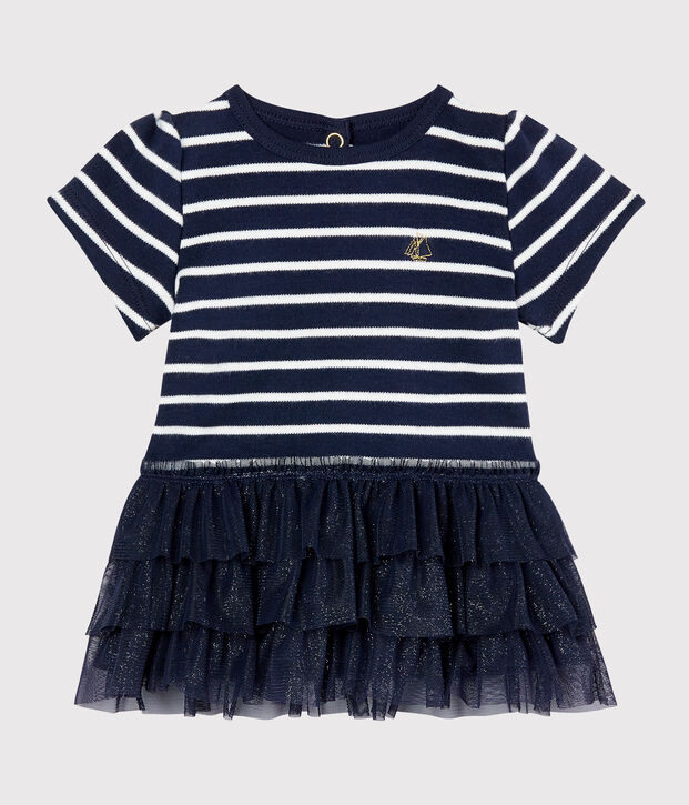 Vestido de rayas marineras con tul para beb&eacute; ni&ntilde;a azul/blanco