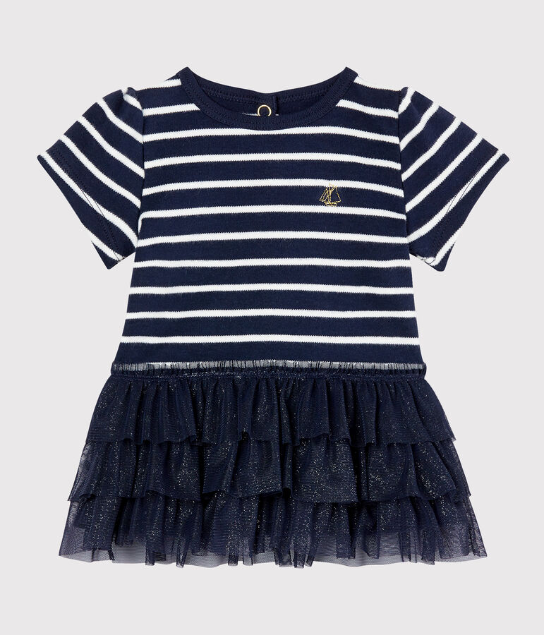 Vestido de rayas marineras con tul para beb&eacute; ni&ntilde;a azul/blanco