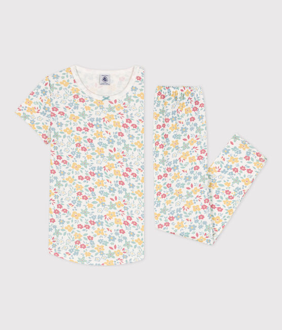 Pijama de manga corta de algodón con flores para niña blanco MARSHMALLOW/blanco MULTICO