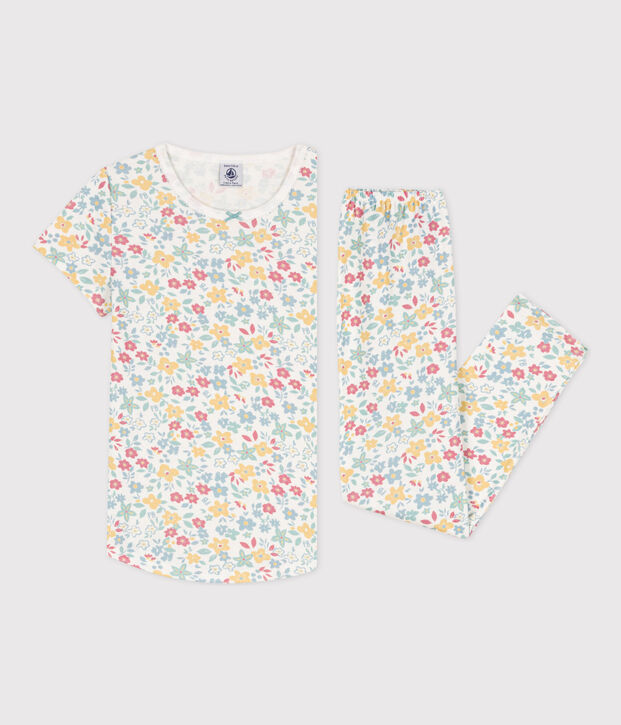 Pijama de manga corta de algod&oacute;n con flores para ni&ntilde;a blanco/multicolor
