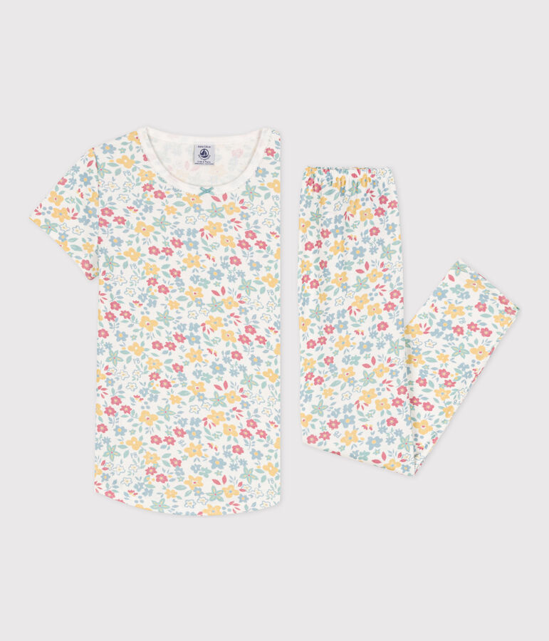 Pijama de manga corta de algod&oacute;n con flores para ni&ntilde;a blanco MARSHMALLOW/blanco MULTICO