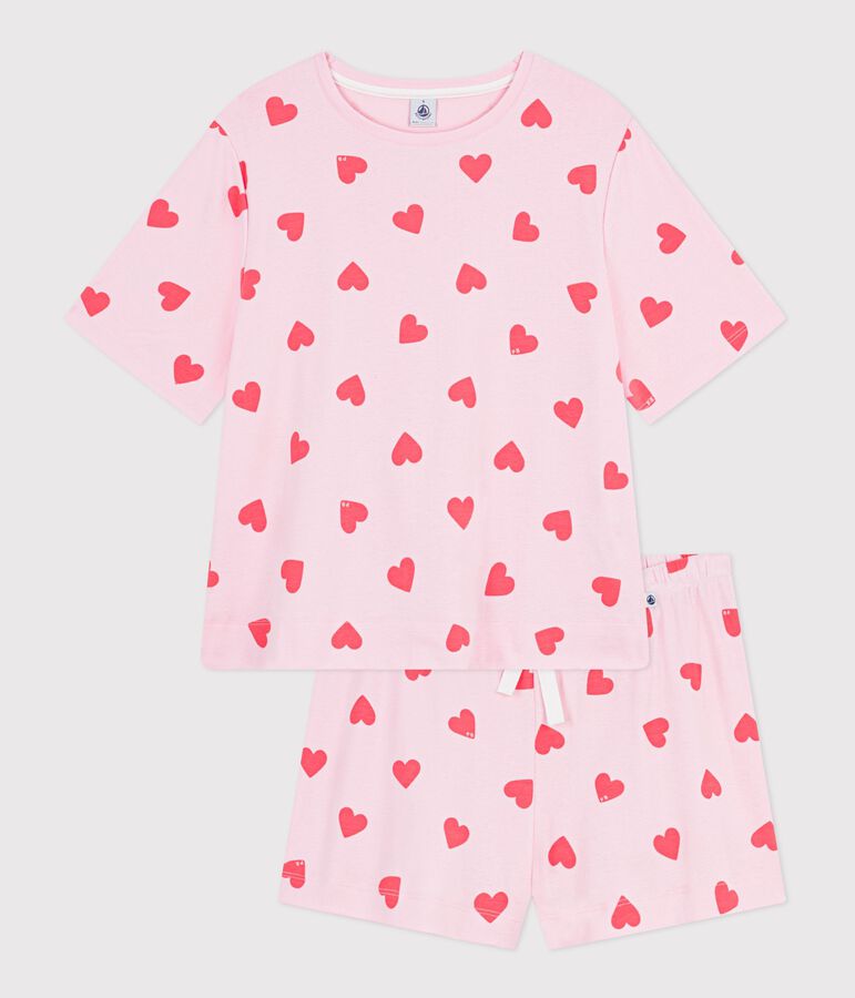 Pijama corto de algod&oacute;n con estampado de corazones para mujer rosa/naranja