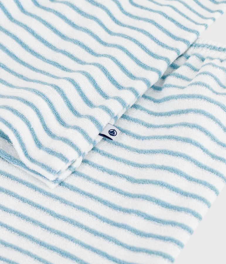 Pijama corto infantil de rizo de algod&oacute;n a rayas blanco/verde