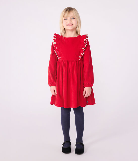 Vestido infantil liso de pana de manga larga rojo TERKUIT