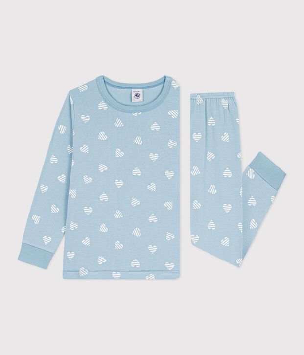 Pijama infantil de algod&oacute;n con estampado de corazones verde/blanco