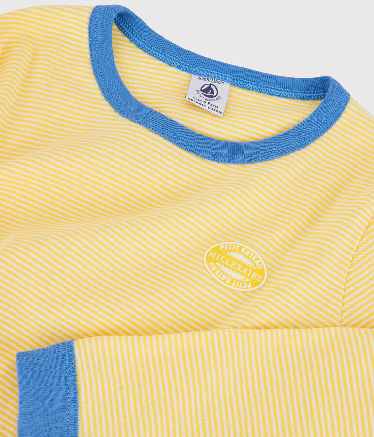 Pijama milrayas de algod&oacute;n org&aacute;nico infantil unisex amarillo/blanco