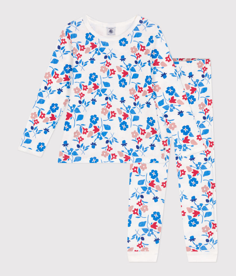 Pijama infantil de t&uacute;bico con estampado de flores blanco/multicolor