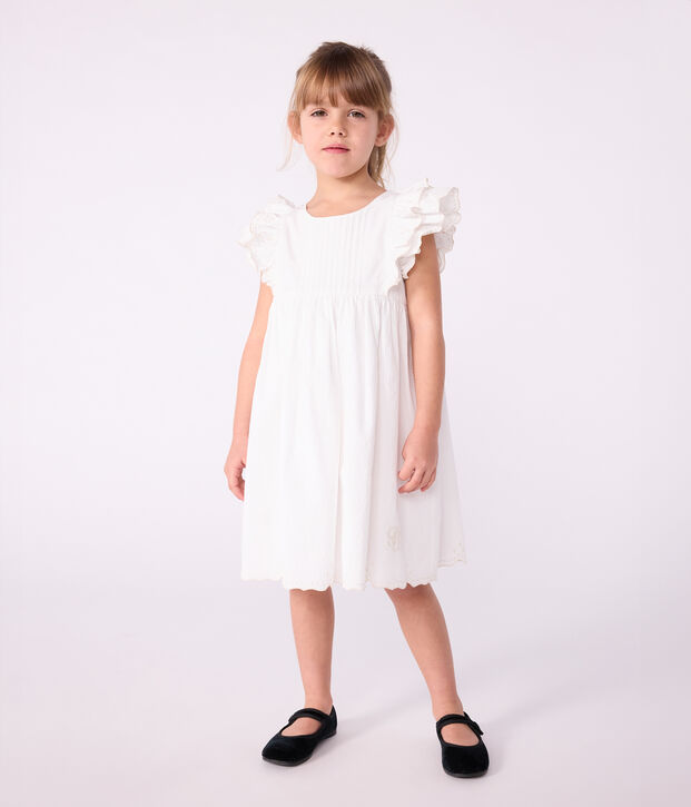 Vestido infantil liso de algod&oacute;n de manga corta blanco