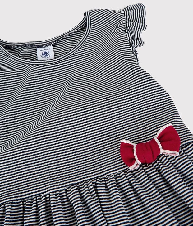 Vestido de manga corta de algod&oacute;n de ni&ntilde;a azul/blanco