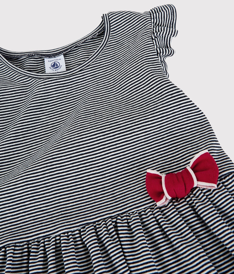 Vestido de manga corta de algod&oacute;n de ni&ntilde;a azul/blanco