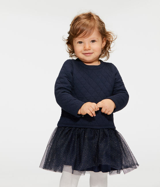 Vestido bimaterial de manga larga para bebé niña azul SMOKING/blanco MARSHMALLOW