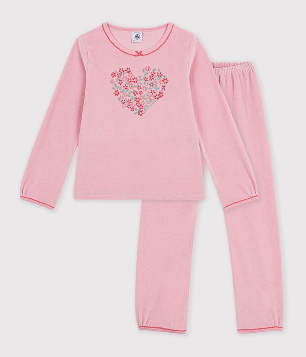 Pijama infantil de terciopelo con estampado de corazones rosa