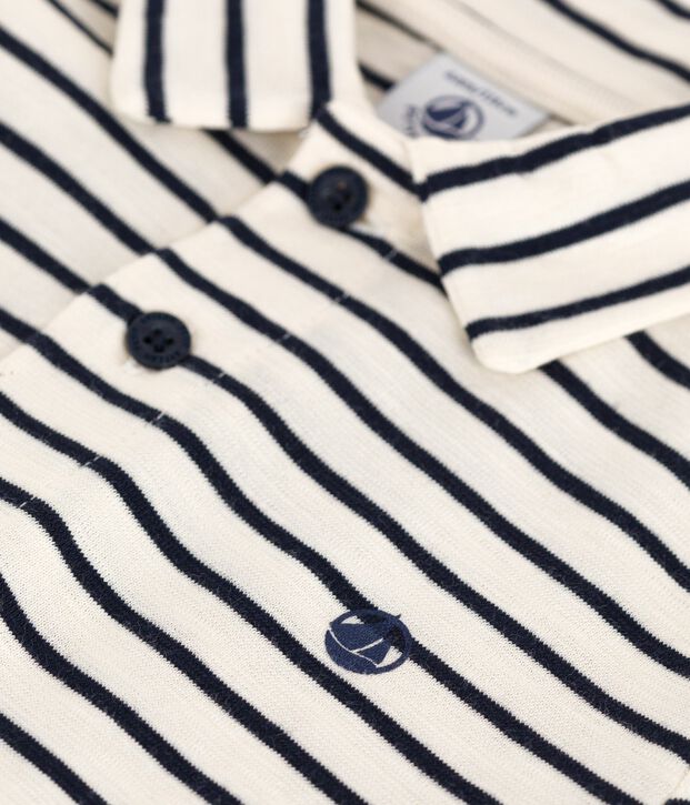 Polo infantil de algod&oacute;n de manga corta a rayas crudo/azul