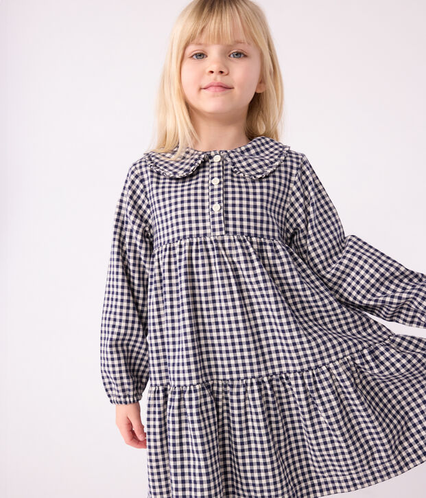 Vestido infantil de manga larga de franela a cuadros azul/crudo