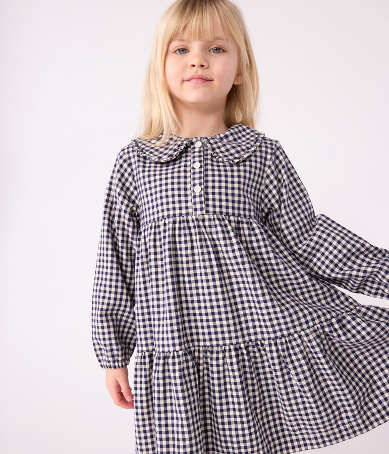 Vestido infantil de manga larga de franela a cuadros azul SOIR/ MILK