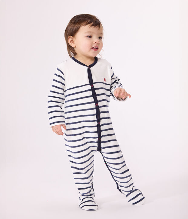 Pijama de terciopelo a rayas para beb&eacute; blanco/azul