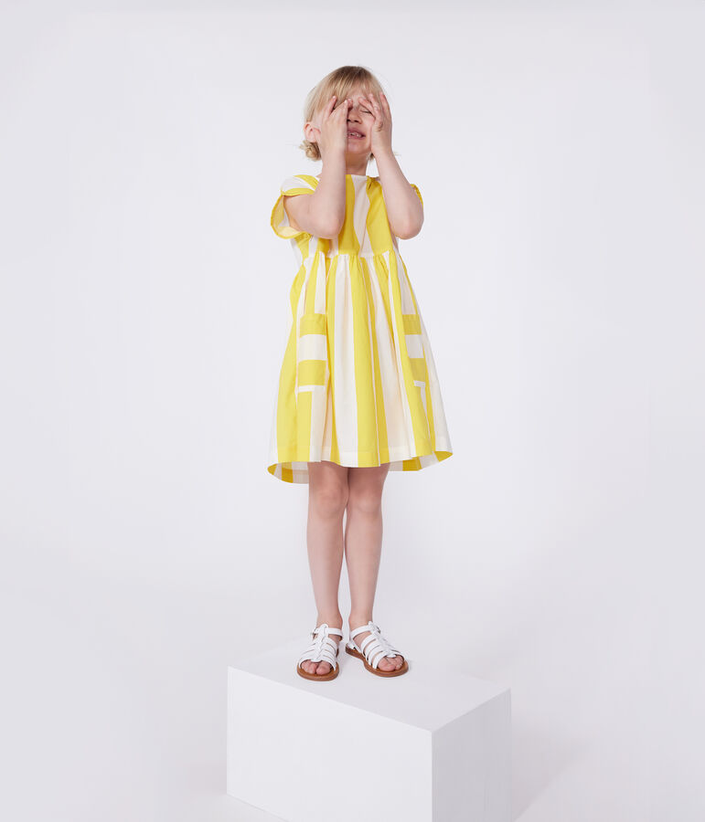 Vestido infantil de algod&oacute;n de manga corta a rayas blanco/amarillo