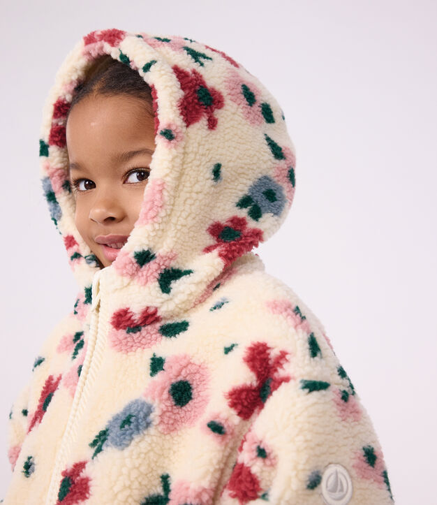 Chaqueta infantil de borreguito con flores y capucha crudo/multicolor